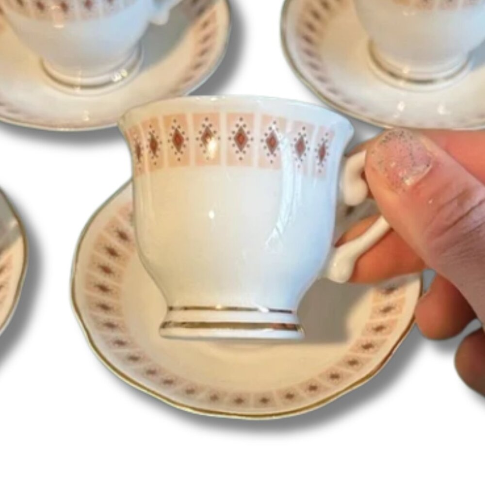 Vintage Ceramic China Liling Demitasse Tea Cup & Saucer Brown/Pink/Gold Trim x 6
